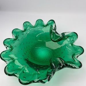 MURANO Art Glass Green Controlled Bubble Bowl EUC